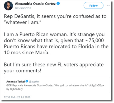 Alexandria Ocasio-Cortez responds to Rep DeSantis of Florida (23 July 2018)